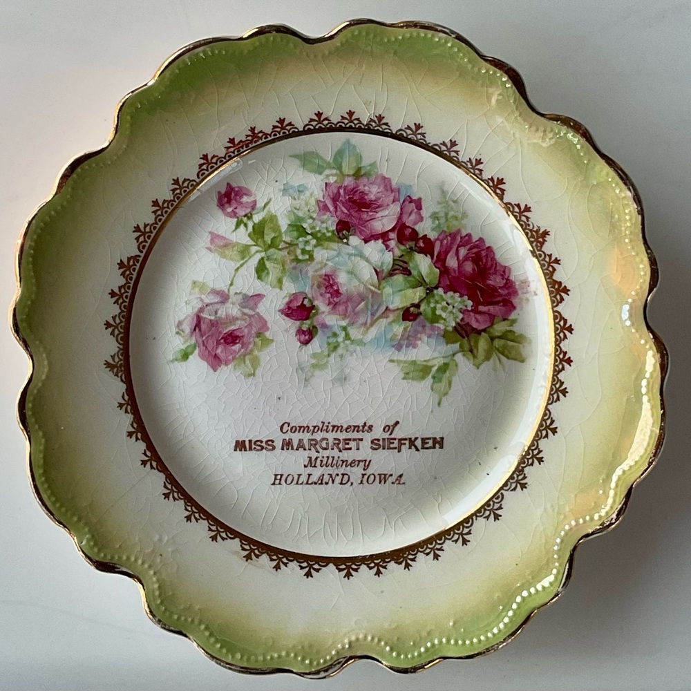 Antique plate: “Compliments of Miss Margret Siefken” Millinery Holland, Iowa